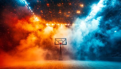Basketball Court in Stadium Under Vibrant Lights with Smoke Billowing and a Hoop on Parquet