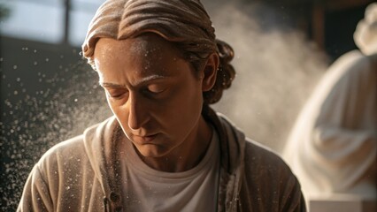 A medium closeup of a sculptors intense expression deep in concentration as fine dust particles float in the air illuminated by soft light highlighting the artistic process.