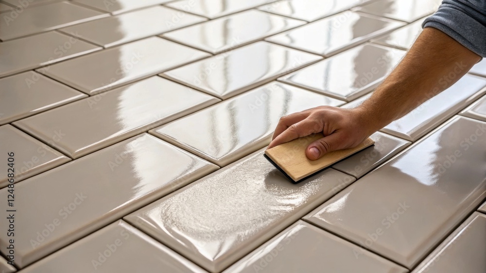 Aufkleber a medium closeup of a tiler wiping excess grout from the surface of a recently installed tile the gl