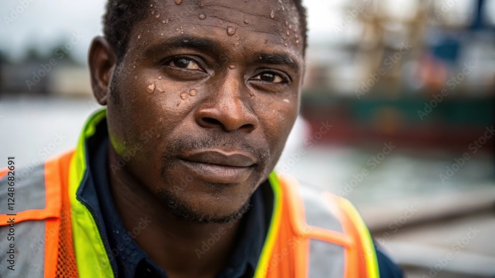 Aufkleber A medium closeup of the dock workers face displaying a concentrated expression sweat beads forming on the brow and the vibrant colored stripes of the reflective vest catching the