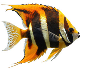 striking angelfish with bold patterns swimming gracefully. Its vibrant orange and black stripes...