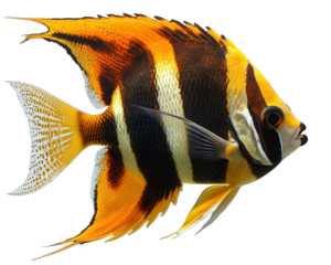 striking angelfish with bold patterns swimming gracefully. Its vibrant orange and black stripes create stunning visual against transparent background, showcasing its beauty and elegance