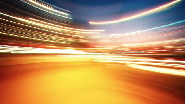 Timelapse flickering light trails. Blurry colorful city streak lights glowing at night, long exposure rotating camera bright multicolored street illumination. Curved lines change with strobe effect