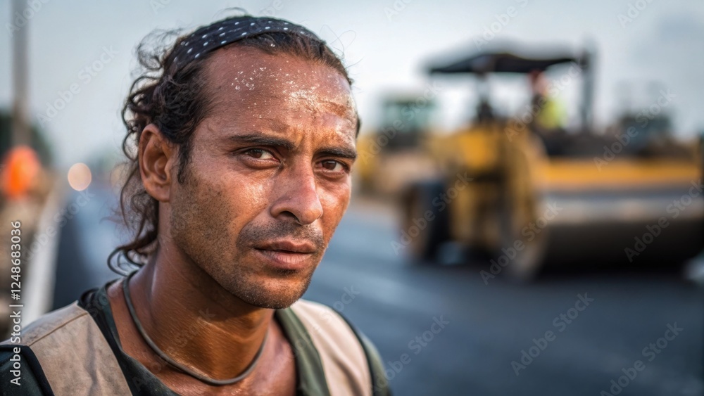 Poster a medium closeup of the paving workers determined expression beads of sweat glistening on his forehe