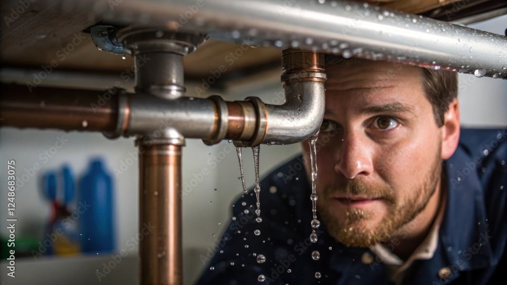 Poster a medium closeup of the plumbers focused expression as they examine the exposed pipe with droplets o
