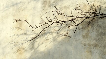 Branch with buds casts long shadows on a textured wall