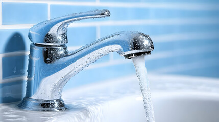 Water flowing from chrome faucet in bathroom