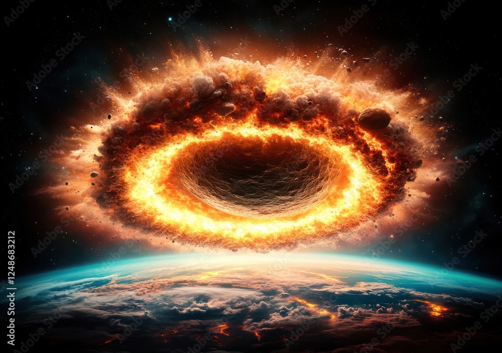 Poster dramatic asteroid impact creating fiery explosion above earth with cloudy atmosphere in space enviro