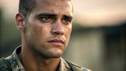 A medium closeup of the soldiers face sweat glistening on his brow eyes narrowed with concentration. The side profile showcases his determined expression as he listens intently to