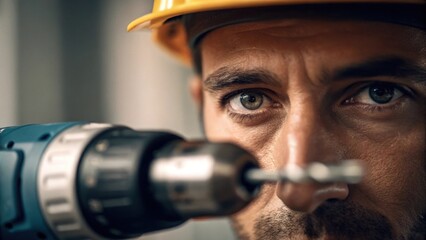 A medium closeup of the workers eye focused and serious with the drill in clear view highlighting the determination and precision needed for the challenging job.