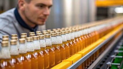 A medium closeup of the worker inspecting filled bottles on the line for quality control their discerning eyes scanning labels and liquid levels underscoring the meticulous