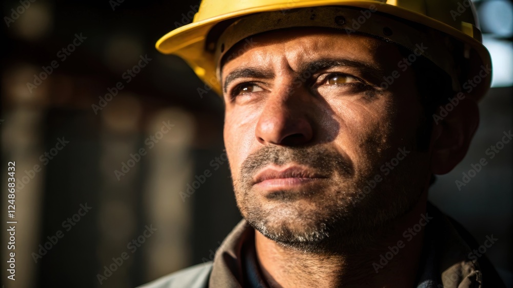 Poster a medium closeup presents the workers strong defined jawline accentuated by shadow and light conveyi