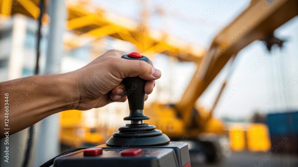 Aufkleber A medium closeup reveals a hand in motion smoothly guiding the joystick with the background slightly blurred suggesting dynamic movement and control over the cranes capabilities.