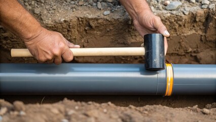 A medium closeup of the workers hand steady and careful as he taps the newly p pipe into position with a rubber mallet the texture of the pipe contrasting with the rugged earth