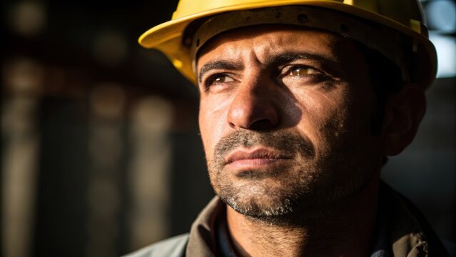 A medium closeup presents the workers strong defined jawline accentuated by shadow and light conveying an air of steadfastness and commitment to their trade.