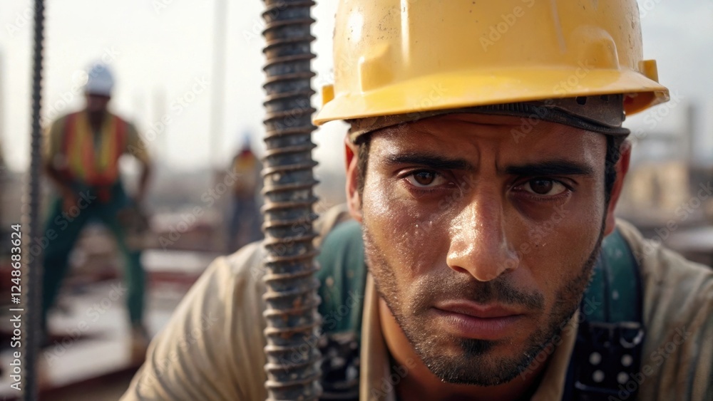 Poster a medium closeup reveals the focused expression on the workers face sweat beading on their brow as t