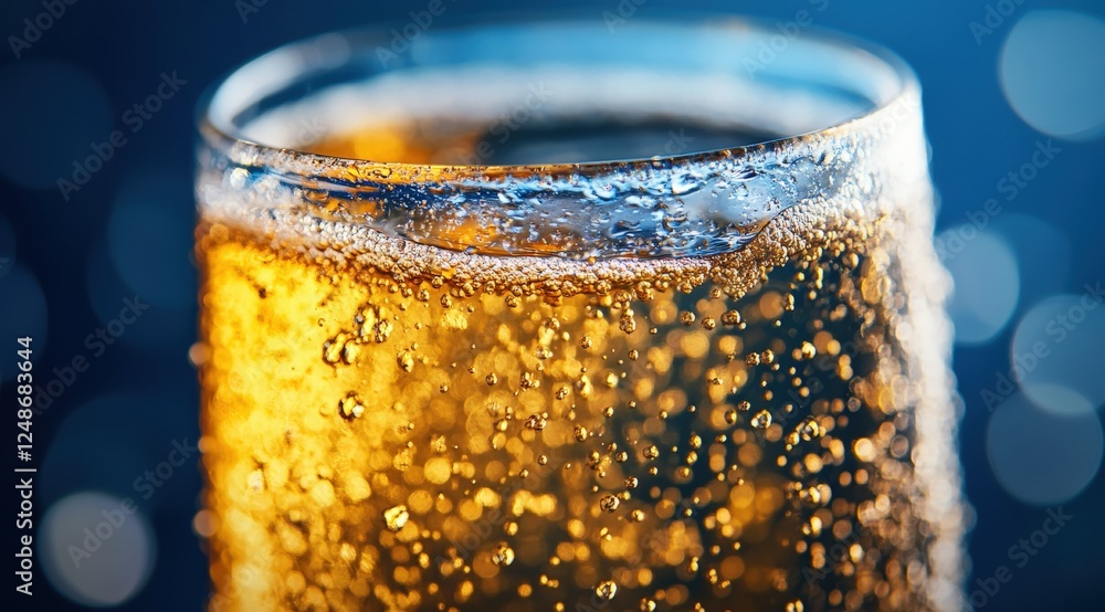 Poster close-up of sparkling water in a glass against a blue background with bokeh effect showcasing reflec