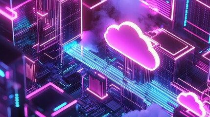 Neon cloud icon and city grid over a tech circuit board, flowing with digital data streams symbolizing cloud computing. Great for tech, data analytics, and modern business.