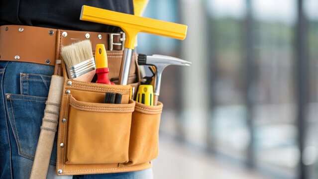 A medium closeup reveals the workers tool belt featuring various cleaning tools alongside the prominently displayed squeegee creating a sense of preparation and professionalism.