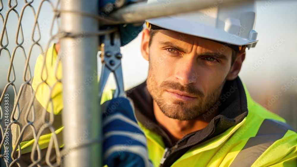 Poster A medium closeup showcasing the determined expression on a workers face partially obscured by a hard hat as they adjust a clamp on the fencing details of the reflective stripes on