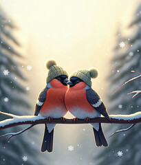 Two cute bullfinches wearing green knitted hats sit on a snowy branch in a winter forest. A cozy Christmas atmosphere with falling snow and sun rays creates a magical winter scene.