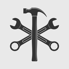 Repair service symbol. Crossed hammer and wrenches graphic sign. Working tools sign isolated on white background. Vector illustration