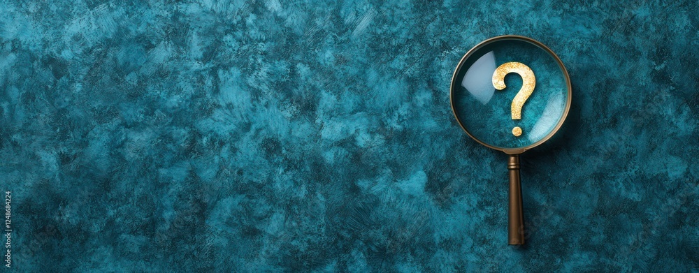 Poster magnifying glass on teal background highlighting question mark symbolizing search for answers and in
