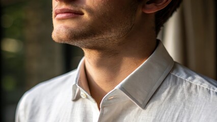 A medium closeup that focuses on the relaxed demeanor of the collar beneath the chin as the ambient light catches the fabrics texture suggesting an affinity for simplicity.