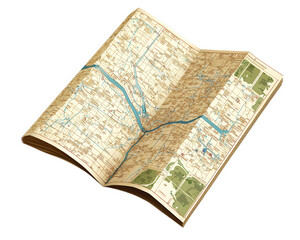 folded road map displaying intricate details of travel routes and navigation. visible creases add character, making it nostalgic representation of exploration