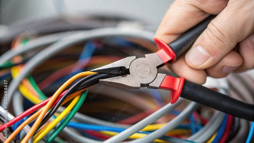 Poster an intimate view of a tangled bundle of wires with a pair of pliers gripping a thick black wire whil