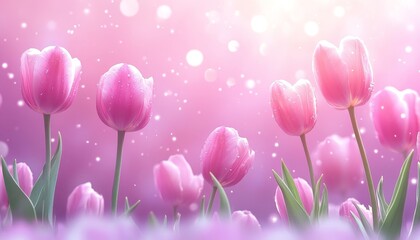 Field of Pink Tulips in Bloom, Bathed in Soft, Warm Sunlight with a Dreamy, Creamy Bokeh Background