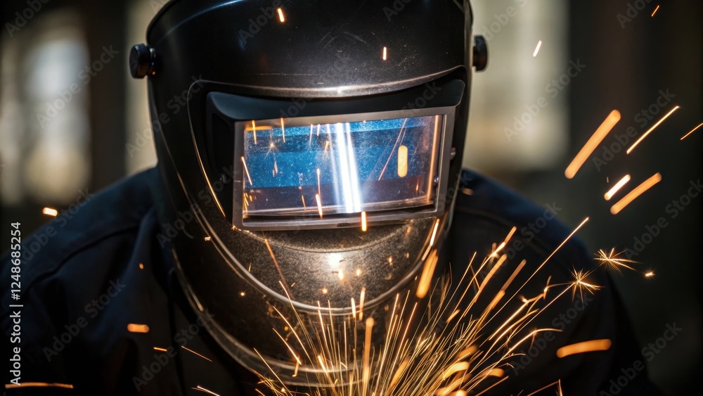 Aufkleber Closeup image focuses on the visor of the welders mask with a beautiful interplay of light as sparks create a radiant display highlighting the protective layer and emphasizing the