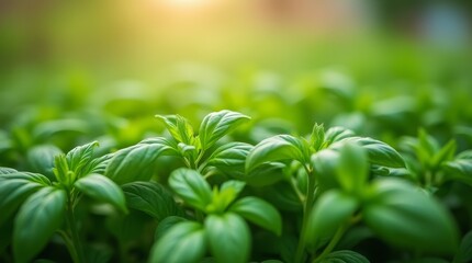 Obraz premium Basil plants growing in garden with sunlight. Close-up of green leaves with blurred background. Organic farming and culinary herb concept