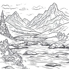 Simple Coloring Book Page Serene Mountain River Landscape for Relaxation and Creativity