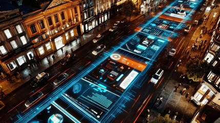 Vision of the car of the future, a smart autonomous vehicle scanning the road with a Computer Vision System marking objects in Augmented Reality (AR)