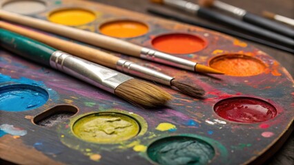 Obraz premium Closeup of the artists palette overflowing with rich mixed colors the surface glistening with fresh paint revealing the tools and materials that fuel the creative process.