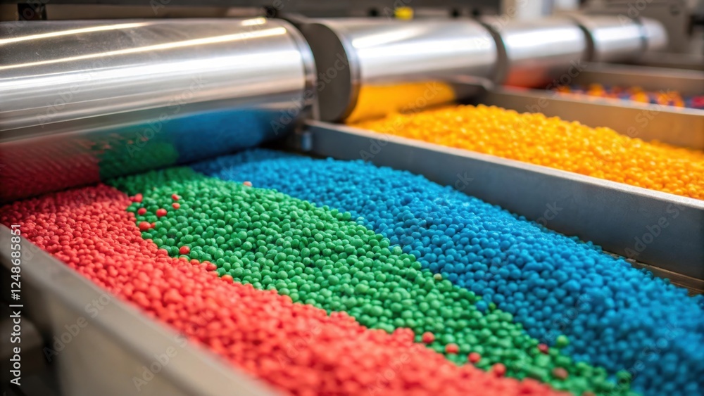 Poster closeup of colorful plastic pellets being fed into the extrusion machine each granule catching the l