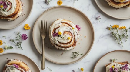 Delightful cinnamon rolls with floral decoration on elegant plates for a charming brunch gathering