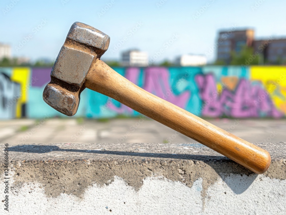 Poster a creative composition featuring a hammer placed on a concrete surface with graffiti art in the back