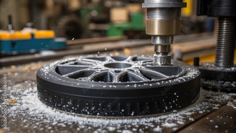 Poster Closeup of the intricate details of a rubber component being polished with flakes of material catching the light against a backdrop of various tools and machinery used in the