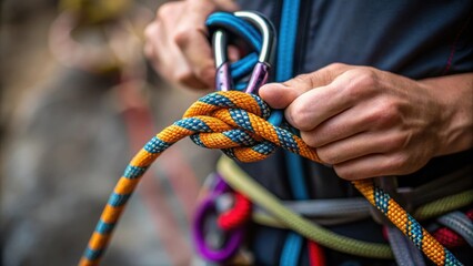 Closeup of the climbers calloused fingertips gently pulling the rope tight showcasing the intricate weave of the knot surrounded by the vibrant colors of climbing gear clipped