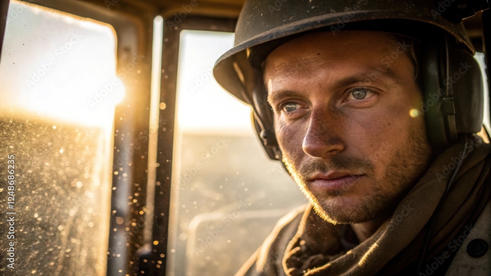 Poster closeup of the operators face where a mix of fatigue and determination is evident. dust particles fl