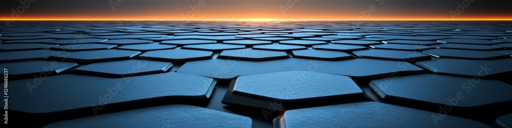 Poster blue hexagon grid under sunset abstract technology and design background with geometric pattern