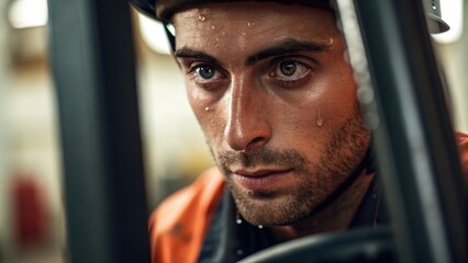 Closeup of the operators focused expression with droplets of sweat visible on his brow highlighting the effort and concentration required to maneuver the forklift through tight
