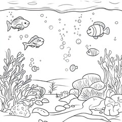 Simple Ocean Coloring Book Page Whales Fish and Coral Reef Illustration