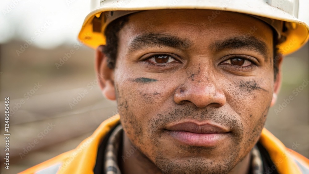 Poster closeup of the rail workers face showcasing their focused expression and cleanshaven look with dirt 