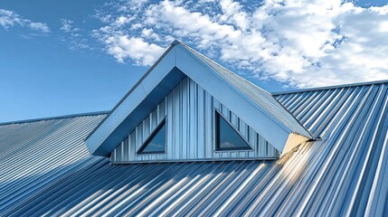 Fototapeta premium Modern architectural design featuring a triangular window atop a metallic roof under a clear blue sky with scattered clouds