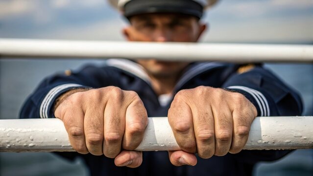 Closeup of the sailors strong hands gripping the ships rail s prominent and knuckles white illustrating the steadfast resolve required to face the seas challenges.