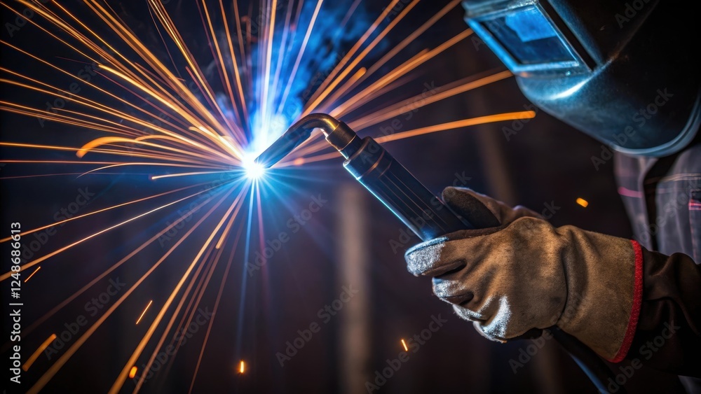 Aufkleber Closeup of the welders hand gripping the welding tool firmly with vibrant arcs of light exploding in the backdrop highlighting the precision and power involved in the task.
