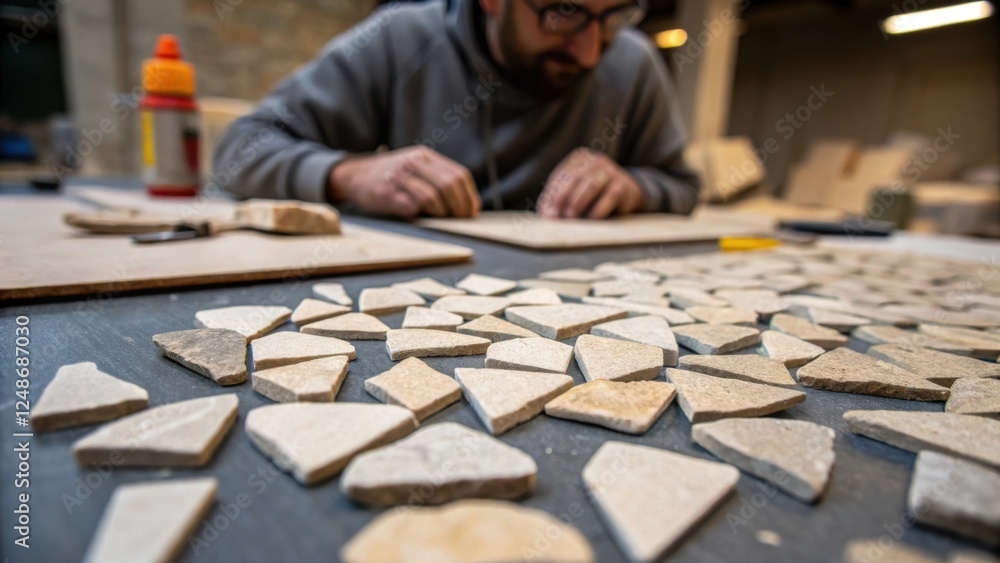 Poster detail of stone chips tered around the workspace each piece catching the light representing the remn